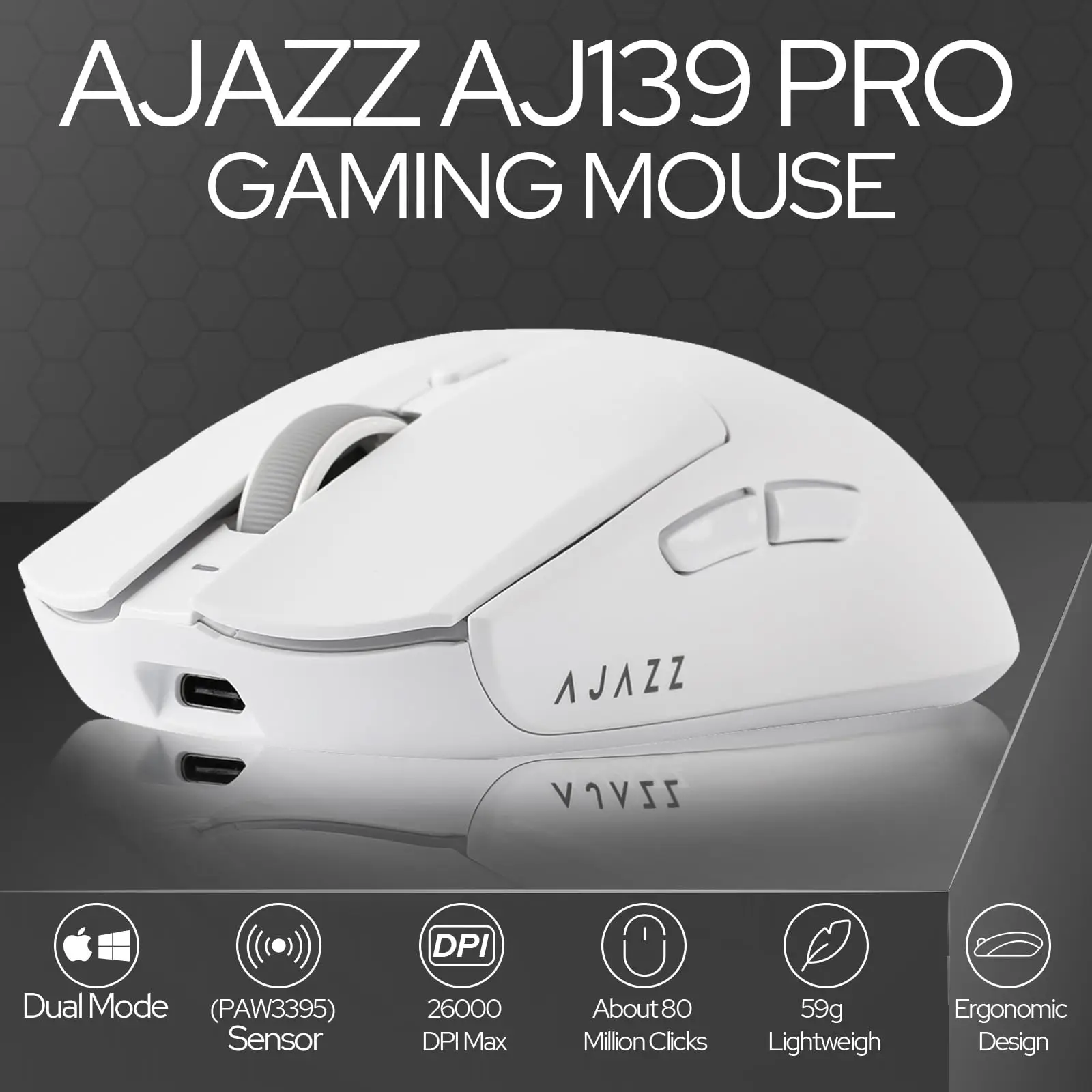 

Игровая мышь AJAZZ AJ139Pro 2,4G, 26000 точек на дюйм, PAW3395, датчик 2,4G/проводное двойное соединение, эргономичный дизайн, легкая мышь, 59 г