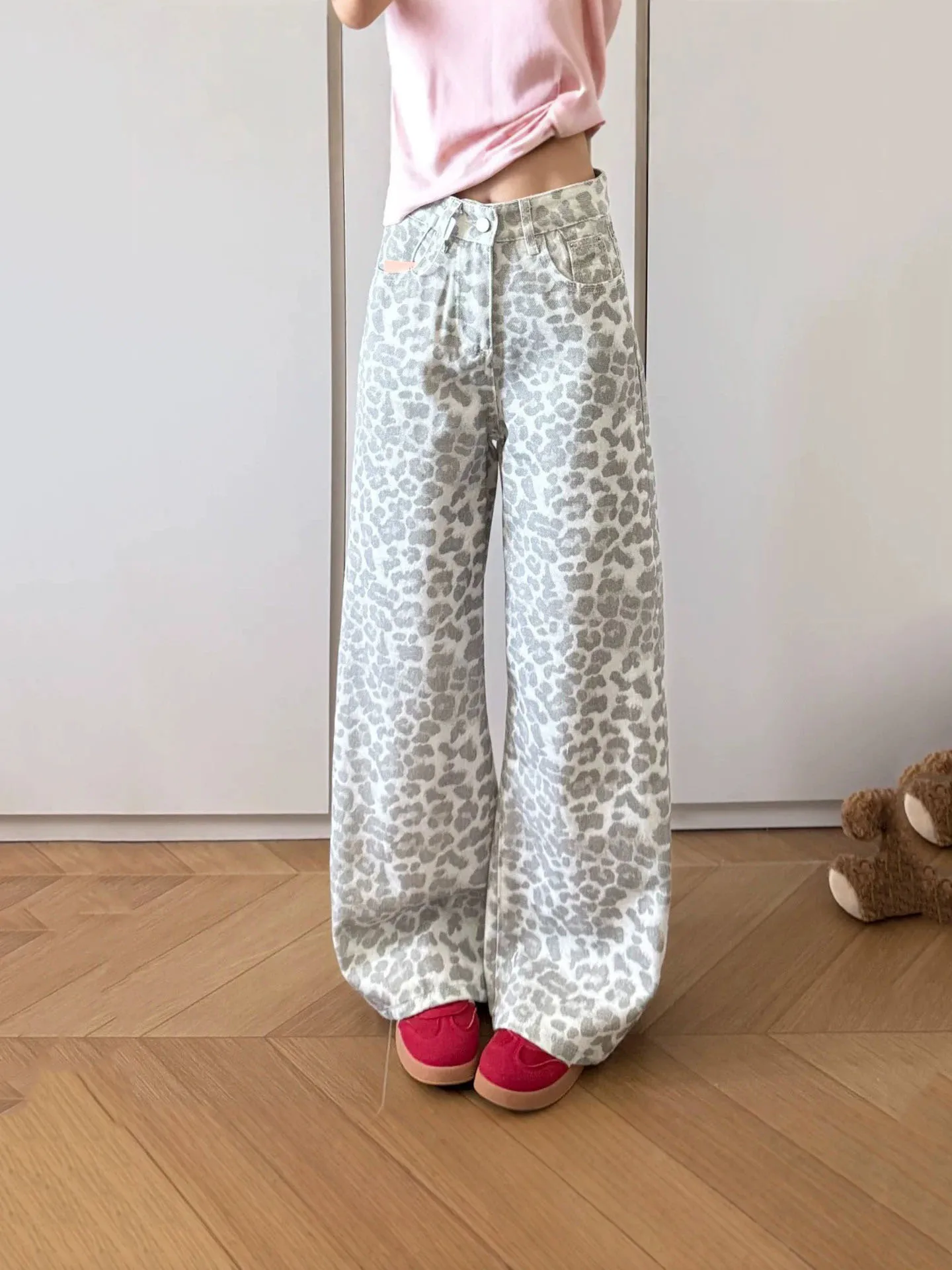 New High Street Leopard Print Jeans Women Retro Fashion Versatile High Waist Wide Leg Denim Pants American Casual Loose Trousers