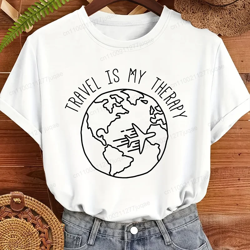 Travel Is My Therapy Printed Trend Women Fashion Clothing Graphic T-shirts Clothes Travel Print Female Shirts Lady Casual Tees