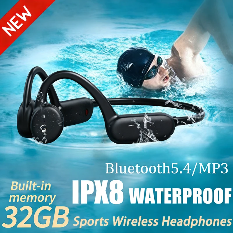 

Наушники с костной проводимостью IPX8 MP3 32 ГБ Bluetooth 5.3 Беспроводные наушники для плавания с микрофоном Водонепроницаемые для фитнеса и тренировок 2026