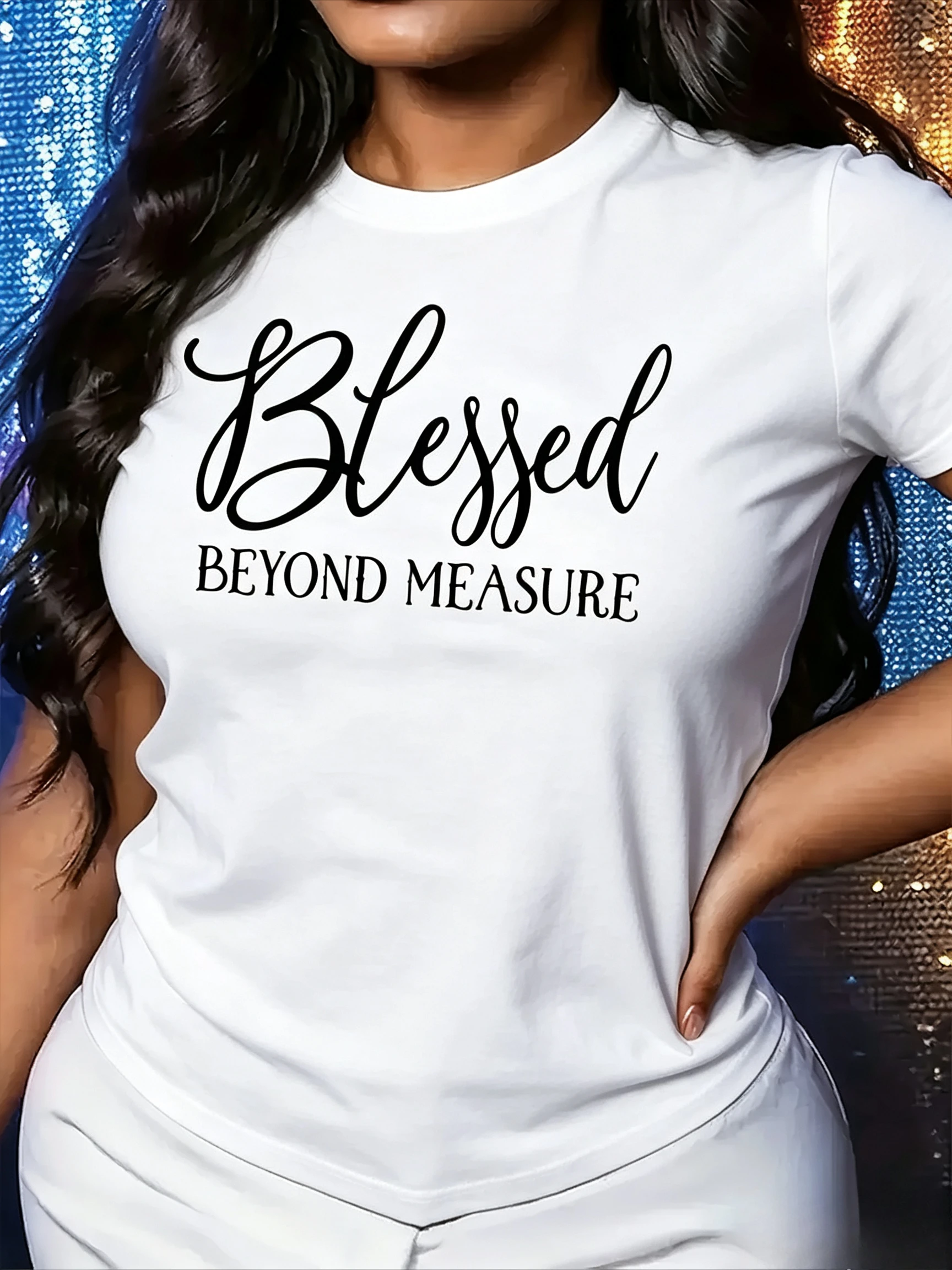 Blessed Beyond Measure Print Casual Short Sleeve Top Women's Tee Faith Graphic Casual Top for Daily Wear Holiday Party
