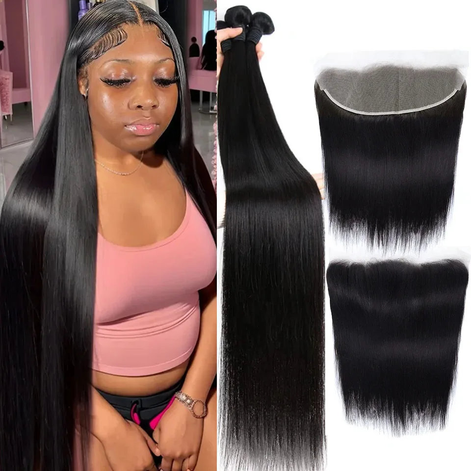 Bone Straight Human Hair Bundles With 13x4 HD Lace Frontal With Extensions Brazilian Weavings 3 Bundles With Closure for Women