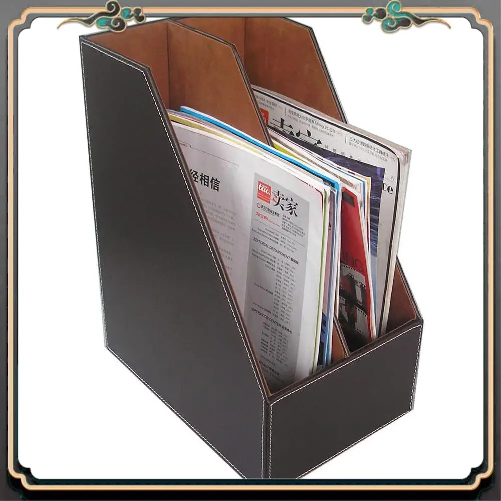 ASMA-PU Leather Desktop File Folder Organizer And Document File Stand Journals Magazine Holder Rack 2 Slots