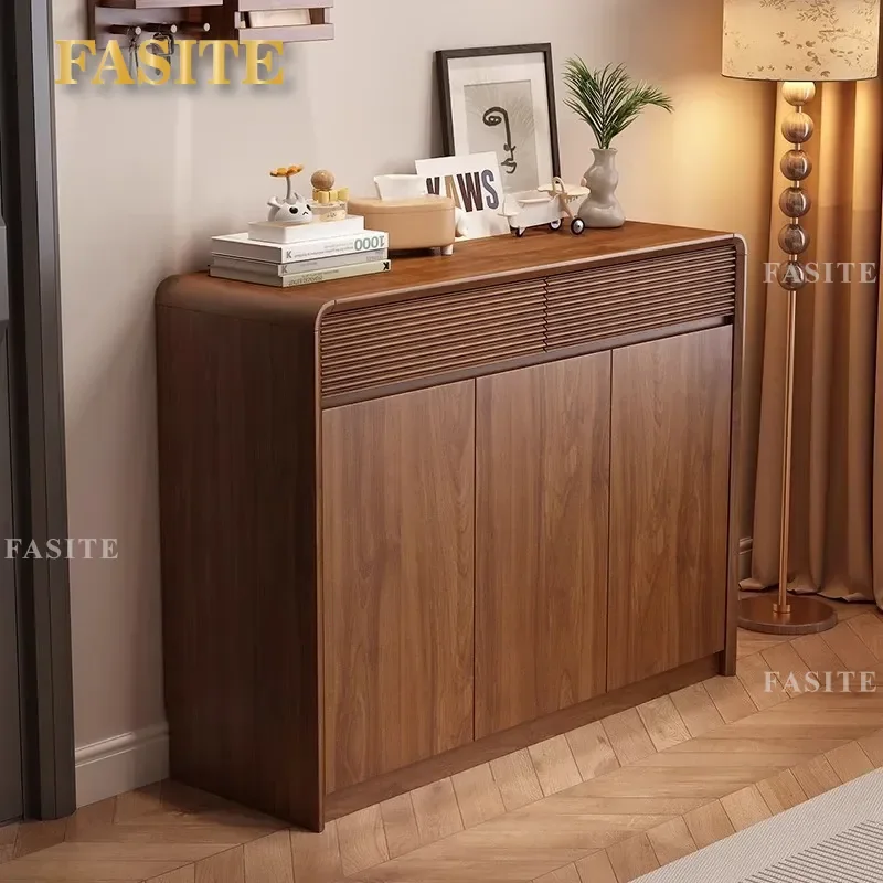 For Solid Wood Ecological Board Shoe Cabinet Large Capacity Household Door Storage Integrated Against Wall New Chinese Style