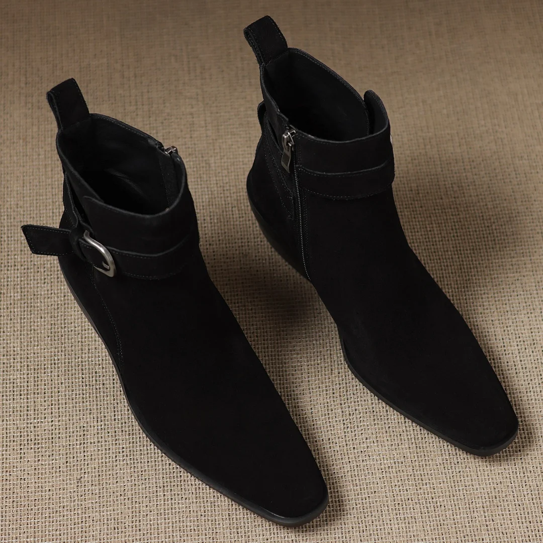 المرأة جلد الغزال الطبيعي ساحة تو مشبك معدني الجانب البريدي الخريف حذاء من الجلد 5.5 سنتيمتر سميكة ميد كعب الجوارب القصيرة عادية #6