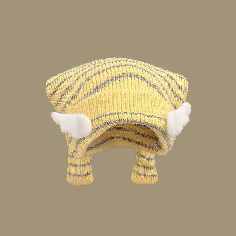 Women's Yellow Gray Striped Knit Beanie Hat Cute Angel Wing Long Tail Slouchy Stocking Cap Soft Warm Winter Kawaii Elf Style