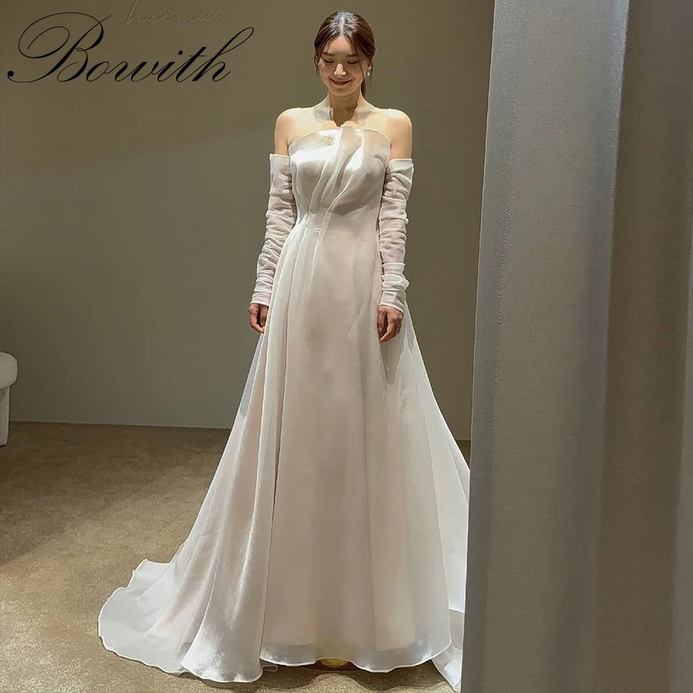 

Bowith Korean Wedding Dresses Off the Shoulder Long Sleeves Wedding Snap Dresses Customized Elegant Reception Dresses