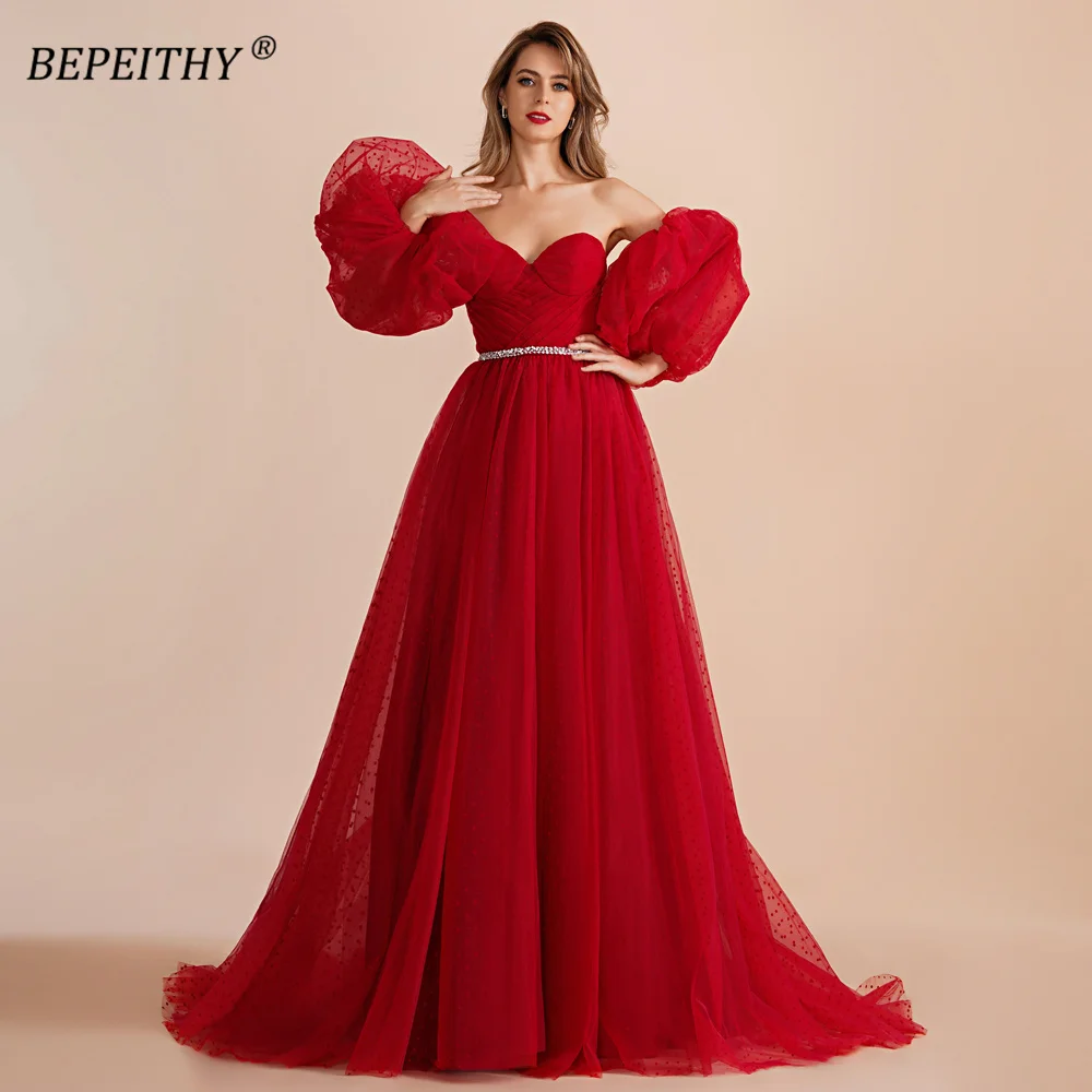 BEPEITHY Customized Sweetheart A Line Evening Prom Dress 2023 With Detachable Sleeves Court Train Pink Formal Occasion Gown New