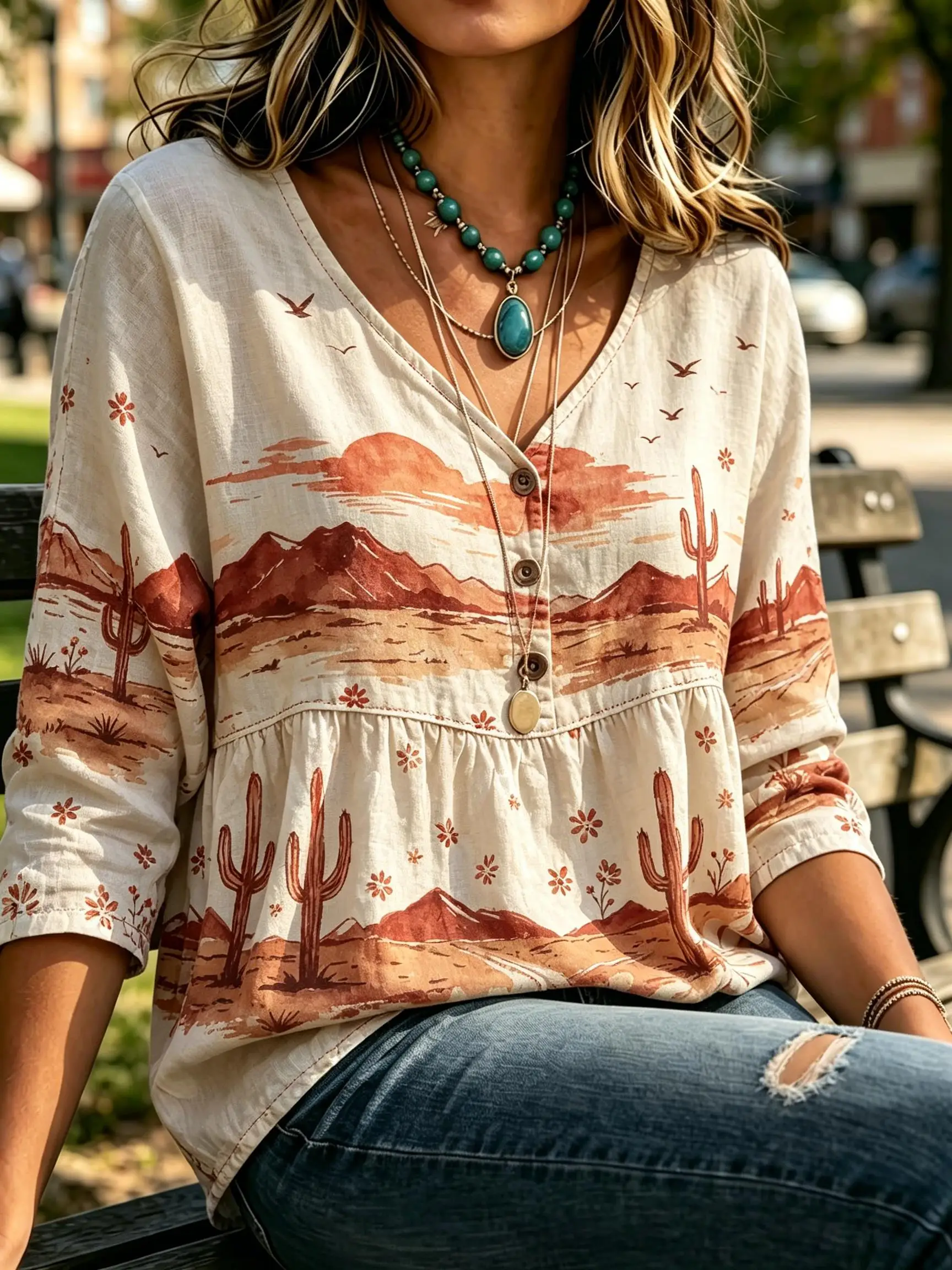 Women Desert Scenery Print V Neck Half Button 3/4 Sleeve Peplum Blouse Loose Babydoll Casual Daily Top