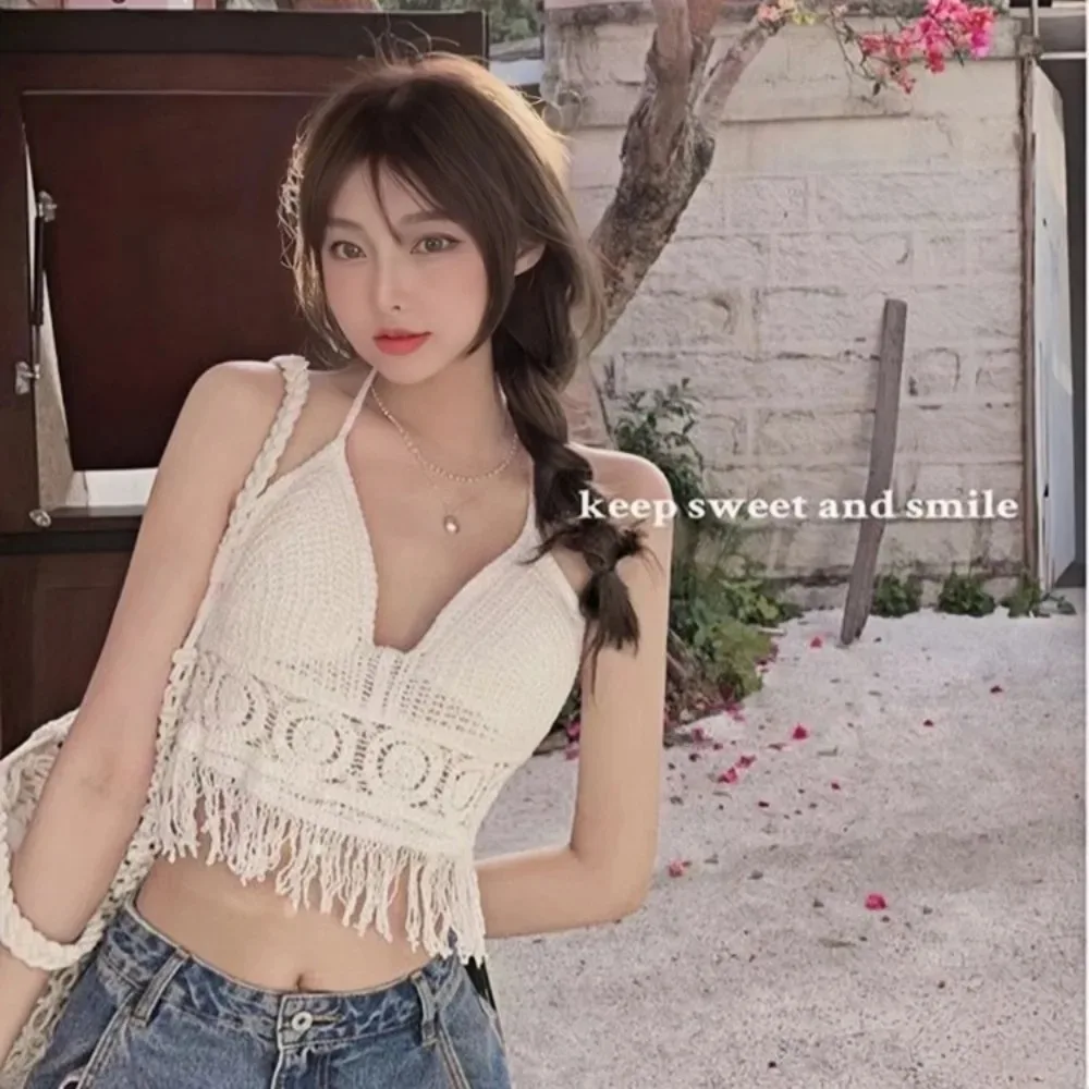 Women Boho Y2k Top Fringe Backless Halter Tie Neck Underwear Outerwear Neck Hanging Embroidery Tassel Suspender Vest Short Tank