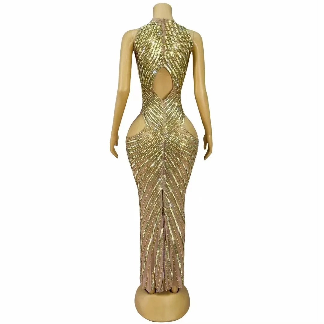 セクシーなハイエンドキラキラゴールドラインストーン中空ドレス女性エレガントなカクテルパーティーイブニング誕生日衣装パフォーマンスコスチューム