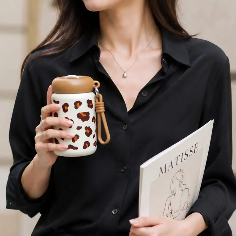 360ml Straw Thermos Cup Mini Leopard Print Insulated Water Bottle Leak-Proof Insulated Drinking Water Cup Kitchen Supplies