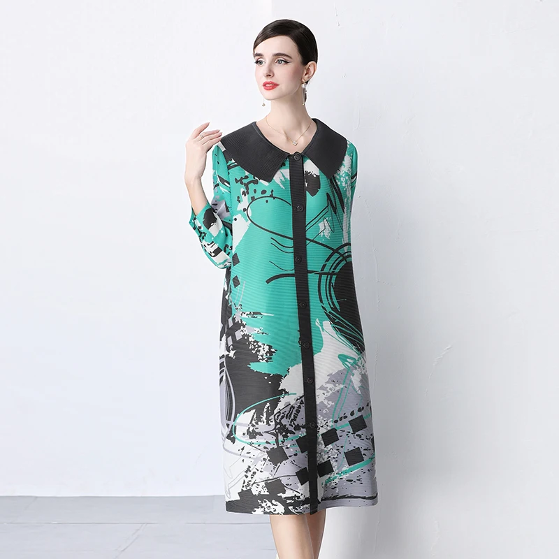 Miyake plissado lapela vestido 2025 verão novo tamanho grande abotoado cardigan vestido plissado xadrez emenda magia vestido longo