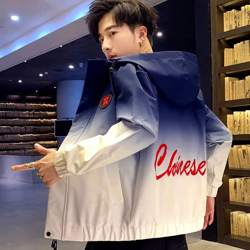 Fashion Loose Zipper Gradient Letter Embroidery Hooded Jackets Men's Clothing 2023 Winter Oversized Casual Tops Korean Coats