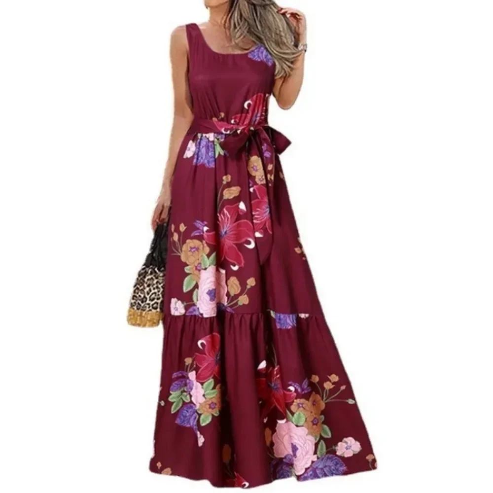 Summer Women\'s L-5XL Plus Size Large Size Loose Print Fashion Elegant Long Dress Women\'s Square Neck Sleeveless Belt Loose