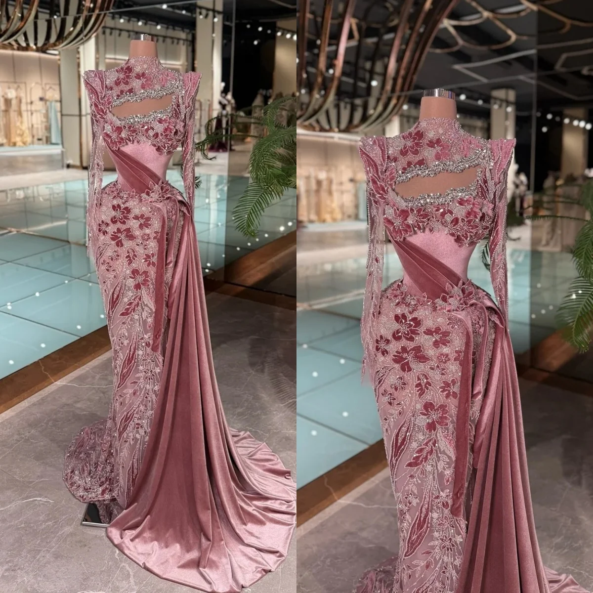 

Винтажные вечерние платья с высоким воротом и хрустальными цветами, длинными рукавами, платье для выпускного вечера с боковым шлейфом, русалка с блестками, индивидуальное платье Vestidos De Noche