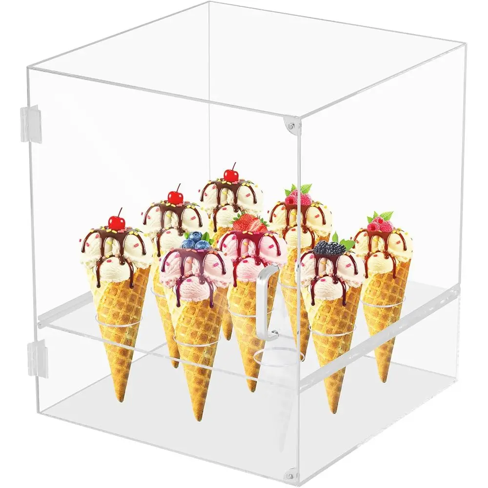 

Увеличенный шкаф для мороженого. Закрытый держатель для конуса для мороженого с 9 отверстиями. Прозрачный держатель для вафельных конусов с 2 вставками, конус 12,2x13 Ho.
