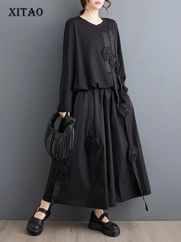 

XITAO Black Casual Wide Leg Pants Sets Three-dimensional Flower Decoration Women Long Sleeve T-shirt Two Pieces Sets WLD20240