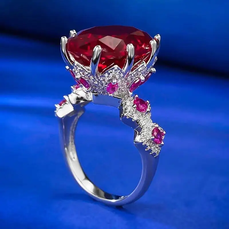 Gica Gema Vintage Style 12*16mm Oval Created Pigeon Blood Red Cocktail Ring 925 Sterling Silver Wedding Bridal Rings For Women