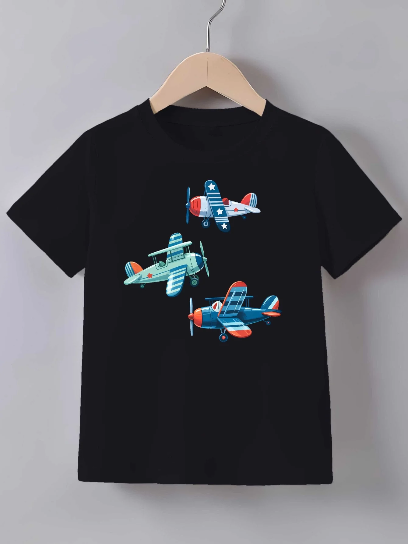 Family Matching T Shirt Three Retro Aircraft Graphic Print Short Sleeve Cotton Tee For Boys Girls Kids Daily Casual Wear