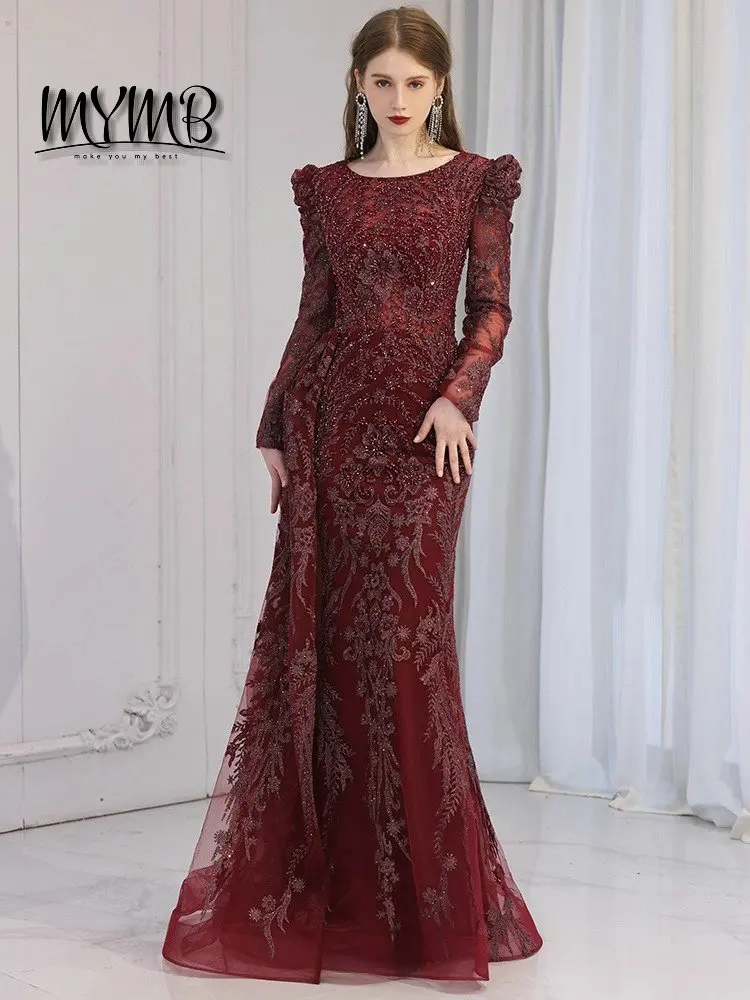 MYMB Vintage Dubai Scoop Neck Long Sleeves Evening Dress Autumn Embroidered Beads Prom Dresses for Banquet Wedding Party DWS2414