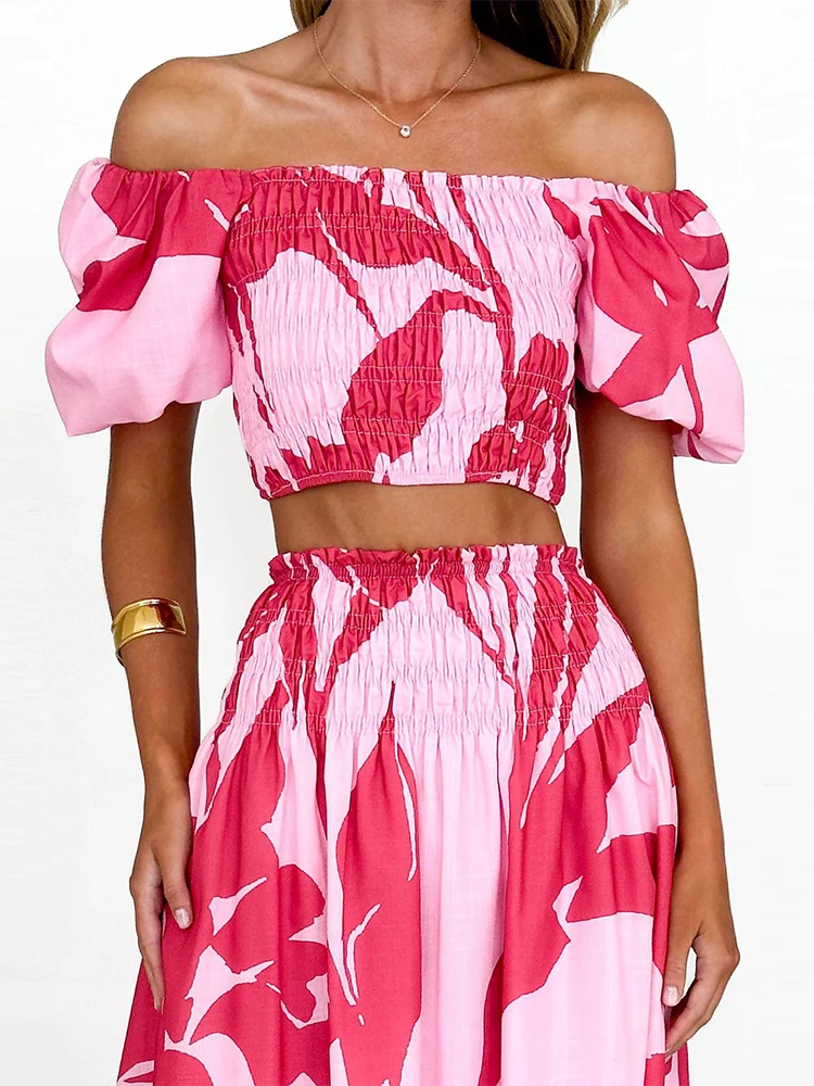 

Elegant Off Shoulder Tops with Long Skirt Suit Women Casual Short Sleeve Draped 2Pc Outfits Fashion Pattern Print Slim Party Set