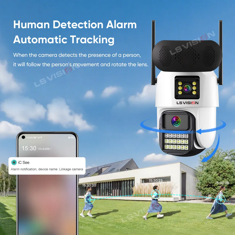 กล้อง LS VISION 8MP WiFi พร้อมเครื่องเล่นเพลงบลูทูธ จอภาพคู่ กล้องวงจรปิด WiFi ตรวจจับมนุษย์ ติดตามอัตโนมัติ ICSee