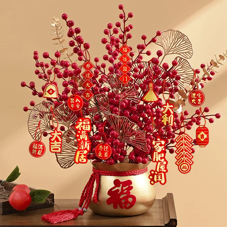 New Year Red Home Livingroom Itmes Furnishing Crafts Berry Wealth Fruit Treasure Flower Pot Lucky Bucket Vase Accessories Decor