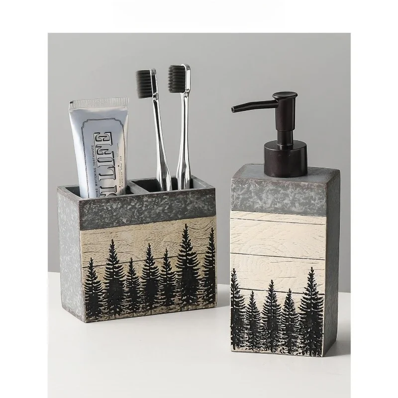 Nordic Style Forest Design Soap Dispenser, Glass Refillable Pump Bottle for Lotion Shampoo Bathroom, Minimalist Vanity Organizer