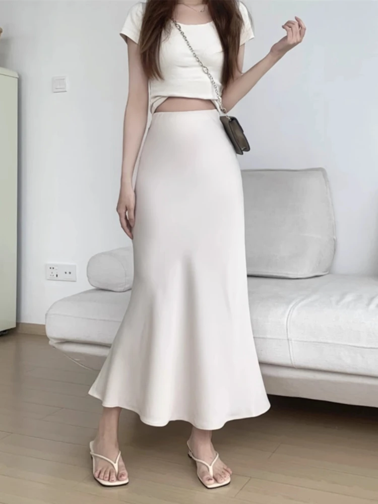 Acetate Satin Fish Tail Half Skirt Women's Spring Summer Slimming High Waist A-Line Midi Skirt Korean Style Commute Skirt