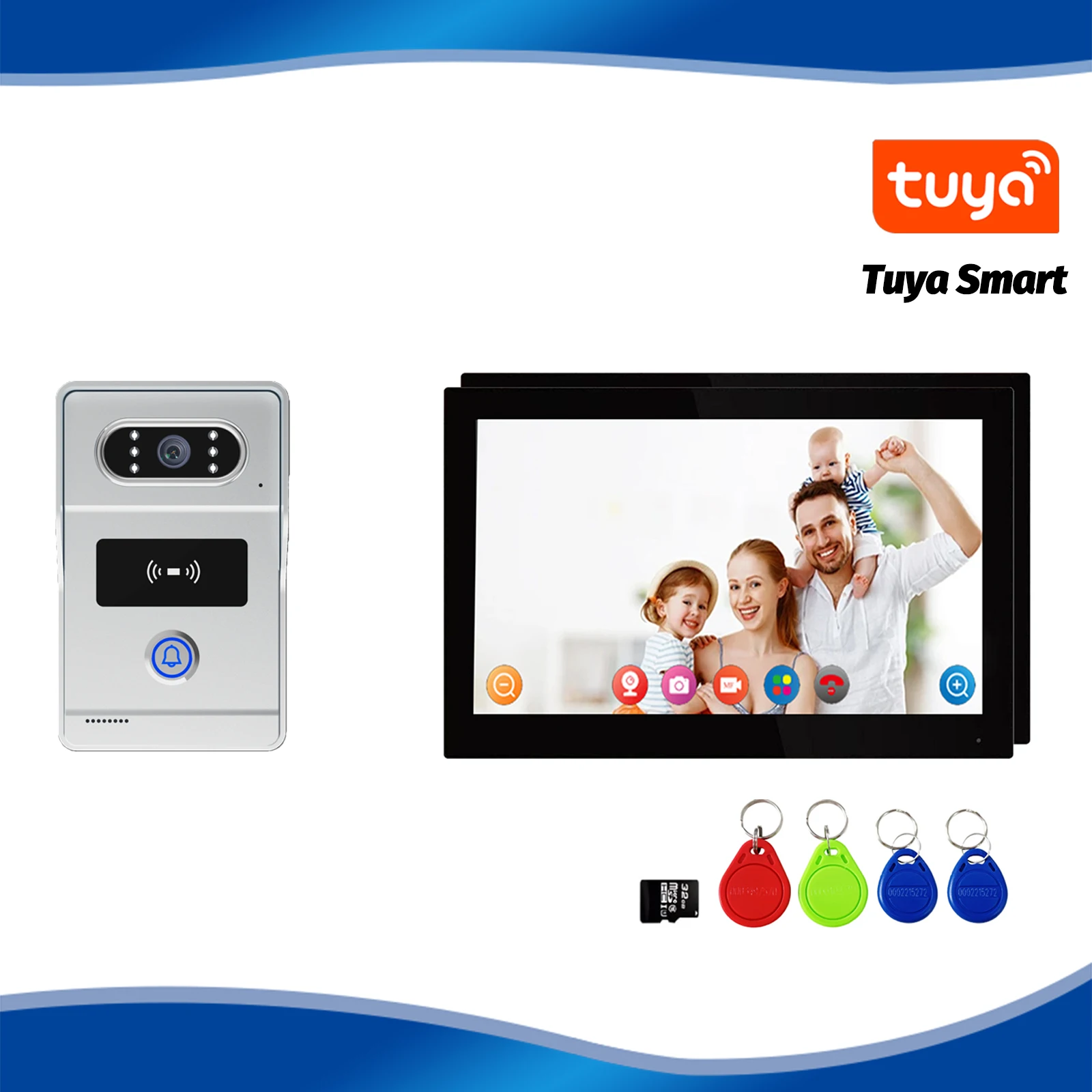 Tuya 1 Doorbell 2 Monitors 7'' WiFi Intercom, 1080p Waterproof Outdoor Camera, Night Vision & 2-Way Audio for Home/Gate