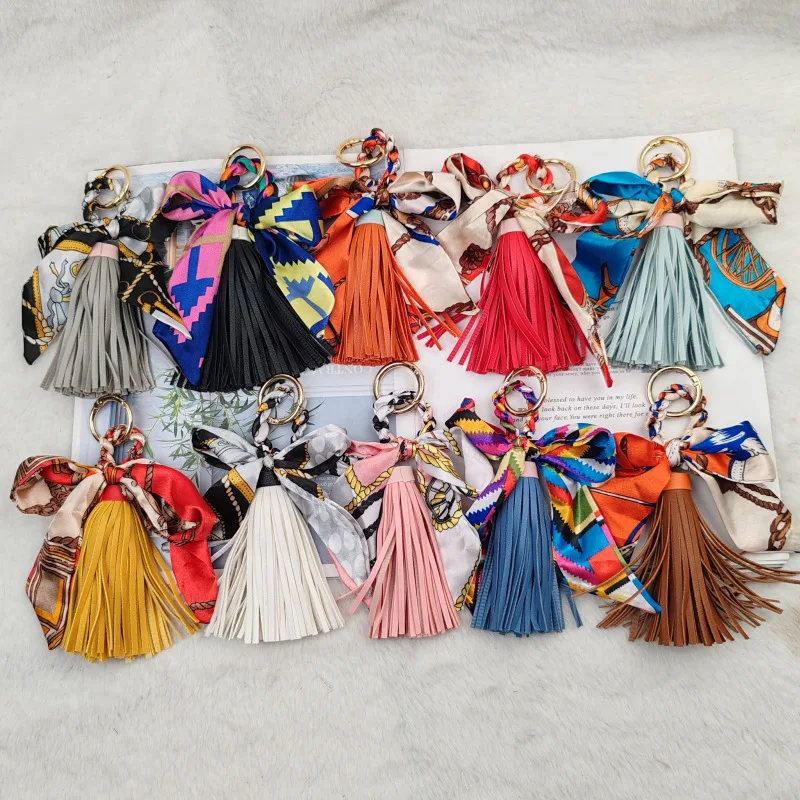 

bag tassel pendant bow silk scarf sling bag PU leather tassel keychain women's bag charm pendant