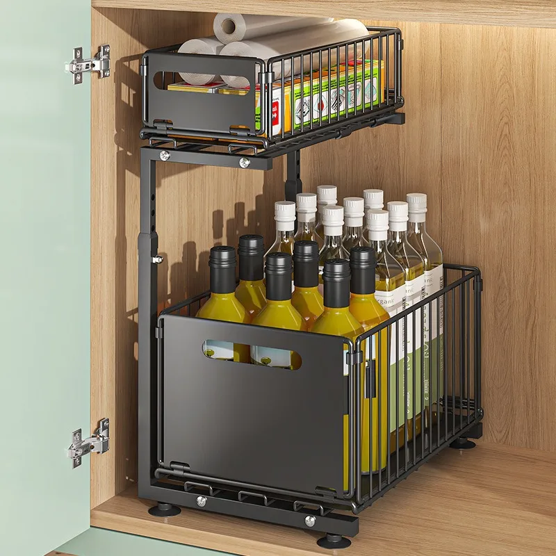 Kitchen lower sink shelf pull-out double-layer storage rack drawer layered pull basket seasoning rack