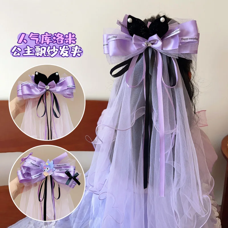 Kawaii Sanrios Kuromi Hand Made Black Purple Ear Headband Lolita Hair Accessories Cane Girl Cartoon Jk Bow Hairpin Headdress