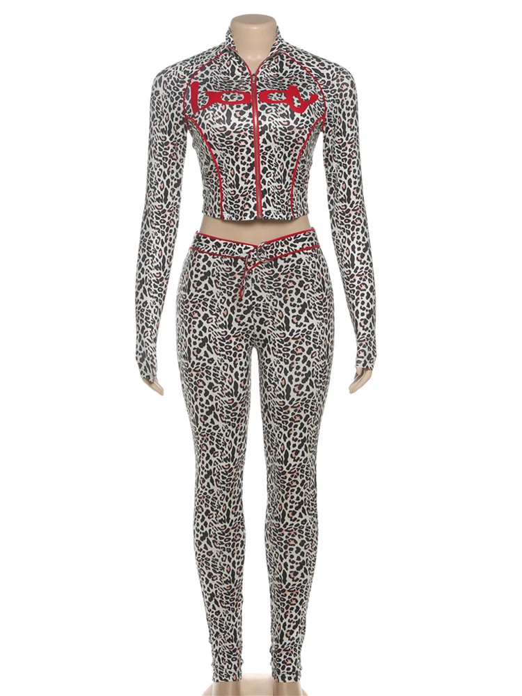 Weird Puss Leopard Letter Trainingsanzug Damen 2-teiliges Set Y2K Zip Crop Jacke + Metallschärpe Leggings Sportliche passende Stretch Streetwear