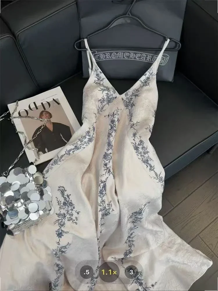 여성을위한 빈티지 프린트 캐미스 옷 한국어 우아한 스파게티 스트랩 민소매 미디 드레스 여름 캐주얼 비치 파티 베스 티드