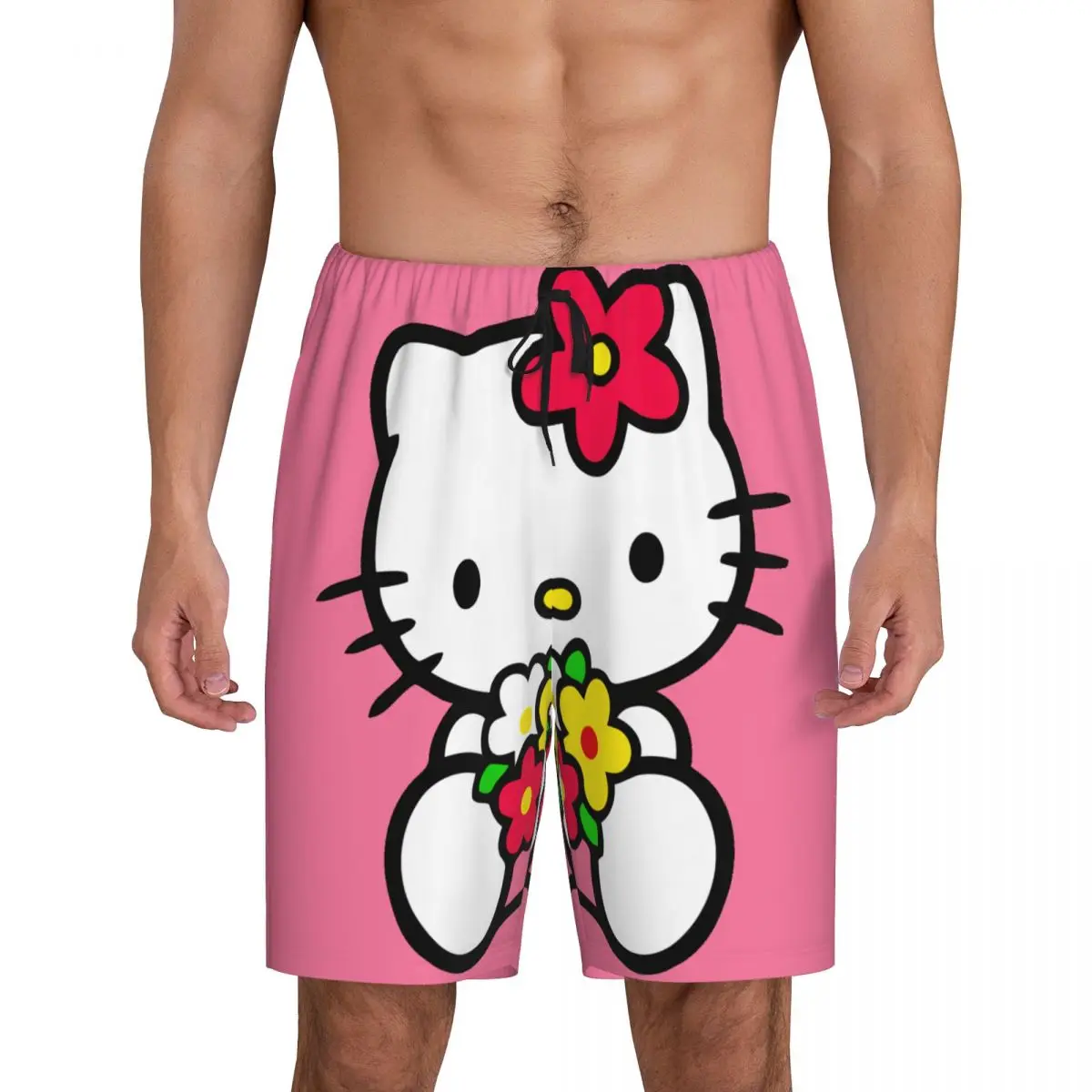 Pantalones cortos de pijama de Hello Kitty para hombre, ropa de dormir de dibujos animados personalizada, parte inferior elástica, con bolsillos