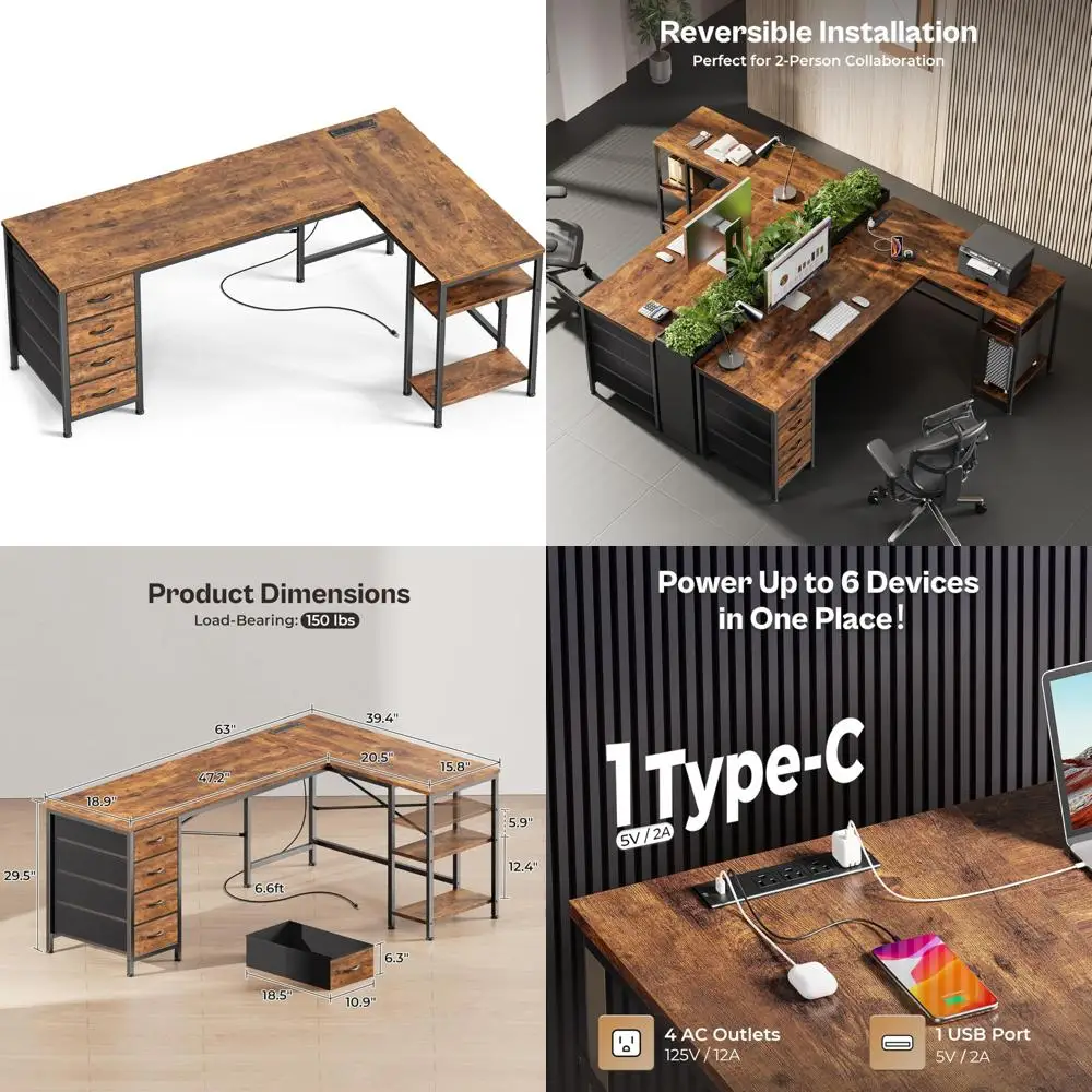 

63 L-Shaped Fabric Drawer Computer Desk with Power Outlets and USB-C Port, Corner Office Desk Storage