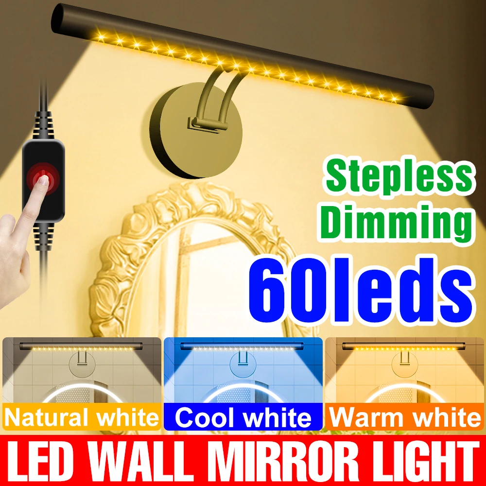 LED Mirror Lamp Bathroom Vanity Light USB Touch Dimming Dressing Table Lighting Aluminum Home Room Bedroom Decoration Wall Lamps