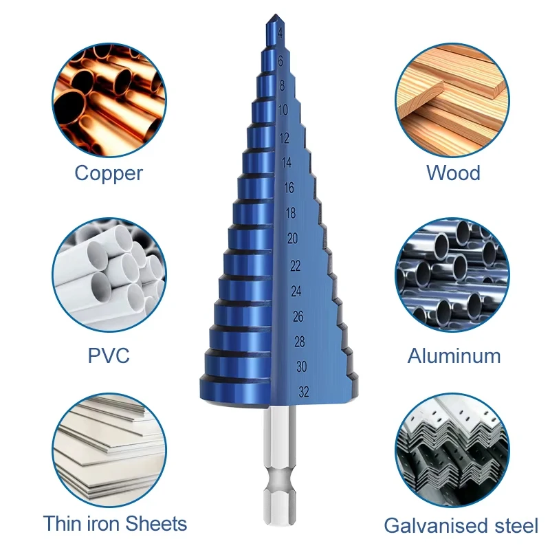 CMCP Step Cone Drill Straight Flute Stepped Drill Bit Hex Shank HSS Core Hole Cutter 3-13 4-12/20/22/32mm Metal Drill Bit