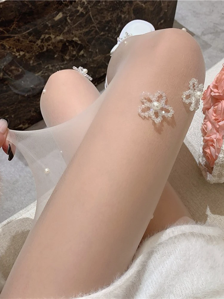 

Зимние женские сексуальные тонкие леггинсы ручной работы с цветочным принтом и жемчугом, белые чулки с вырезами, Sweet Cool (3) Sle