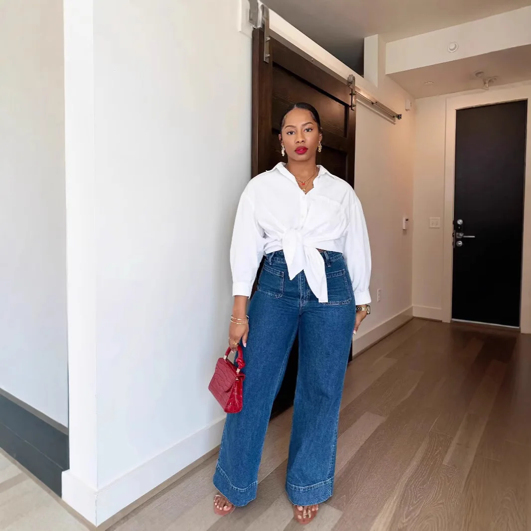 Rechte jeans dames vintage broek vloerlengte hoge taille broek meerdere zakken gewassen noodlijdende 2025, streetwear denims