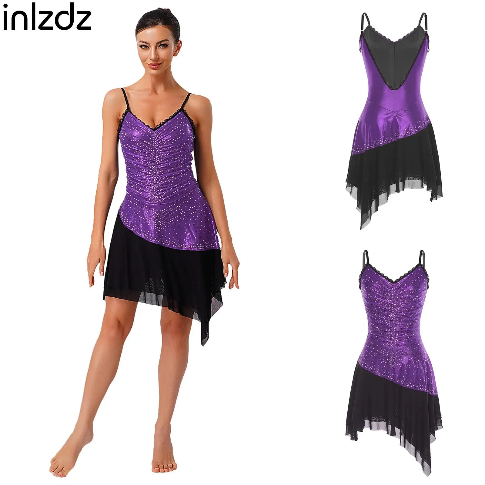 

Women Latin Lyrical Dance Dress Figure Ice Skating Stage Performance Costume Rhinestones Mesh Tiered Irregular Hem Sling Dresses