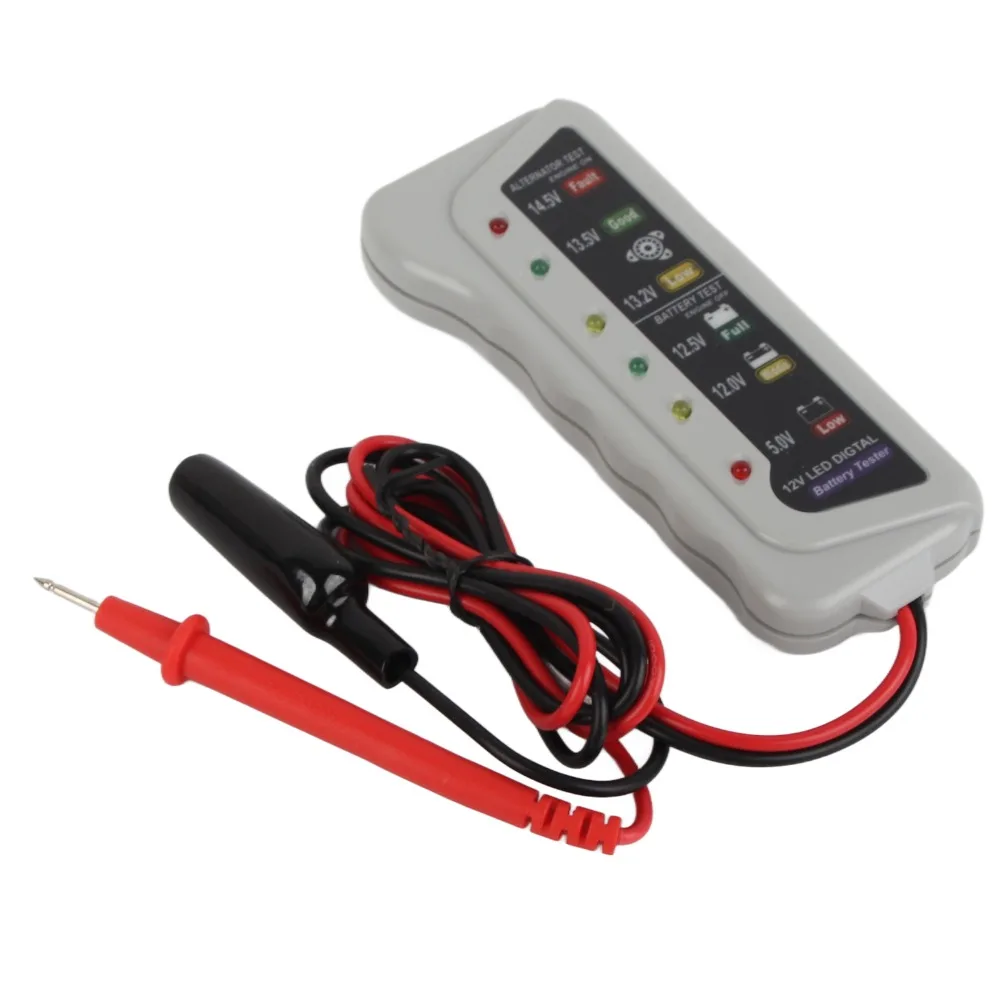 New Grey 12V Battery Tester Plastic 2-14.8V Range Alternator Tester 6 LED Indicators Car Battery Analyzer Routine Maintenance