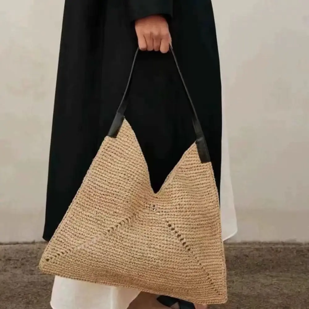 

Simple Bohemian Hollowed Out Knitted Bag Woven Cotton Thread Crochet Tote Bag Triangle Large Capacity Beach Straw Bag Students