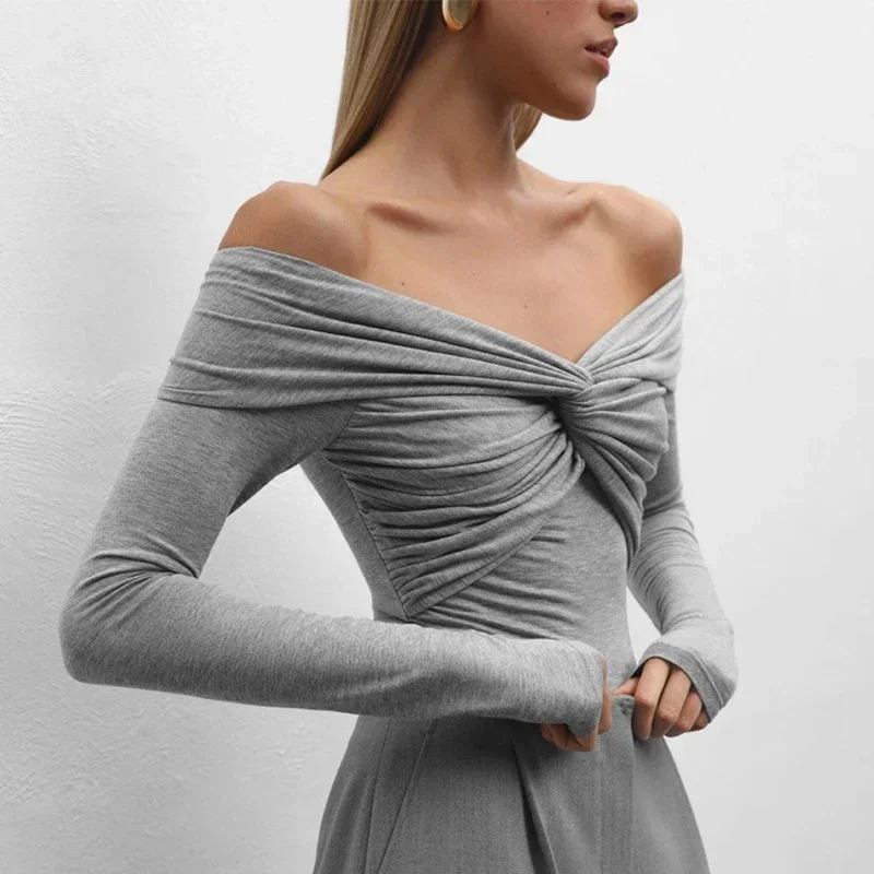 

Cross Neck Long Sleeve Shirts For Women Sexy Off Shoulder Solid Slim Short Tops Club Casual Party Bodycon T-shirt Ladies NEW