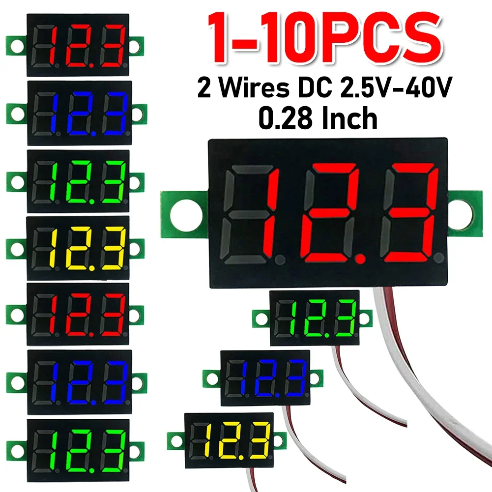 Mini LED Display Módulo Volt Medidor, Tela Digital, Carro Mobile Power Voltage Tester, 0, 28 Polegada, 2 Fios, DC 2.5V-40V, 10Pcs