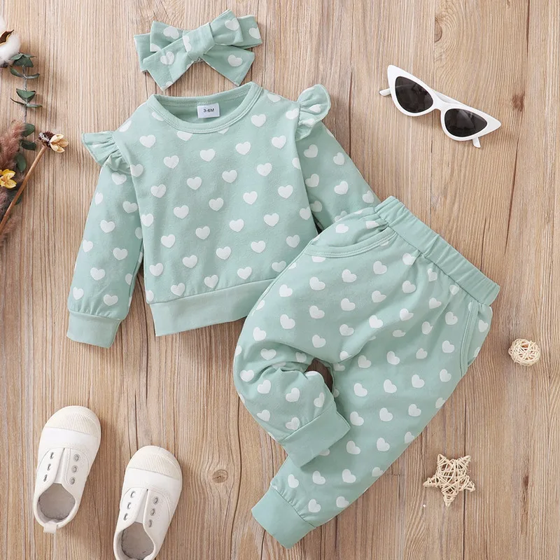 Newborn Baby Girl Pant Sets Autumn Clothes Heart Long Flying Sleeves Tops and Pants Bow Headband Baby Items Clothing