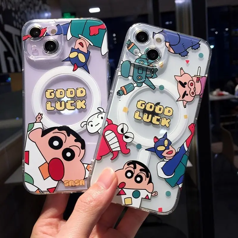 

Kawaii Crayon Shin-chan, прозрачный магнитный притягивающий мягкий резиновый чехол для iPhone, аниме для Iphone 11, 12, 13, 14, 15, 16 pro/promax