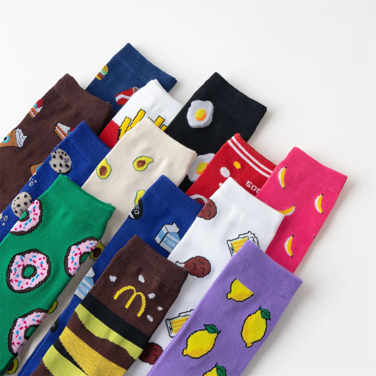 Harajuku Straight Board Men\'s and Women\'s Socks Avocado French Fries Eggs Fun Mid Tube Tidal Socks